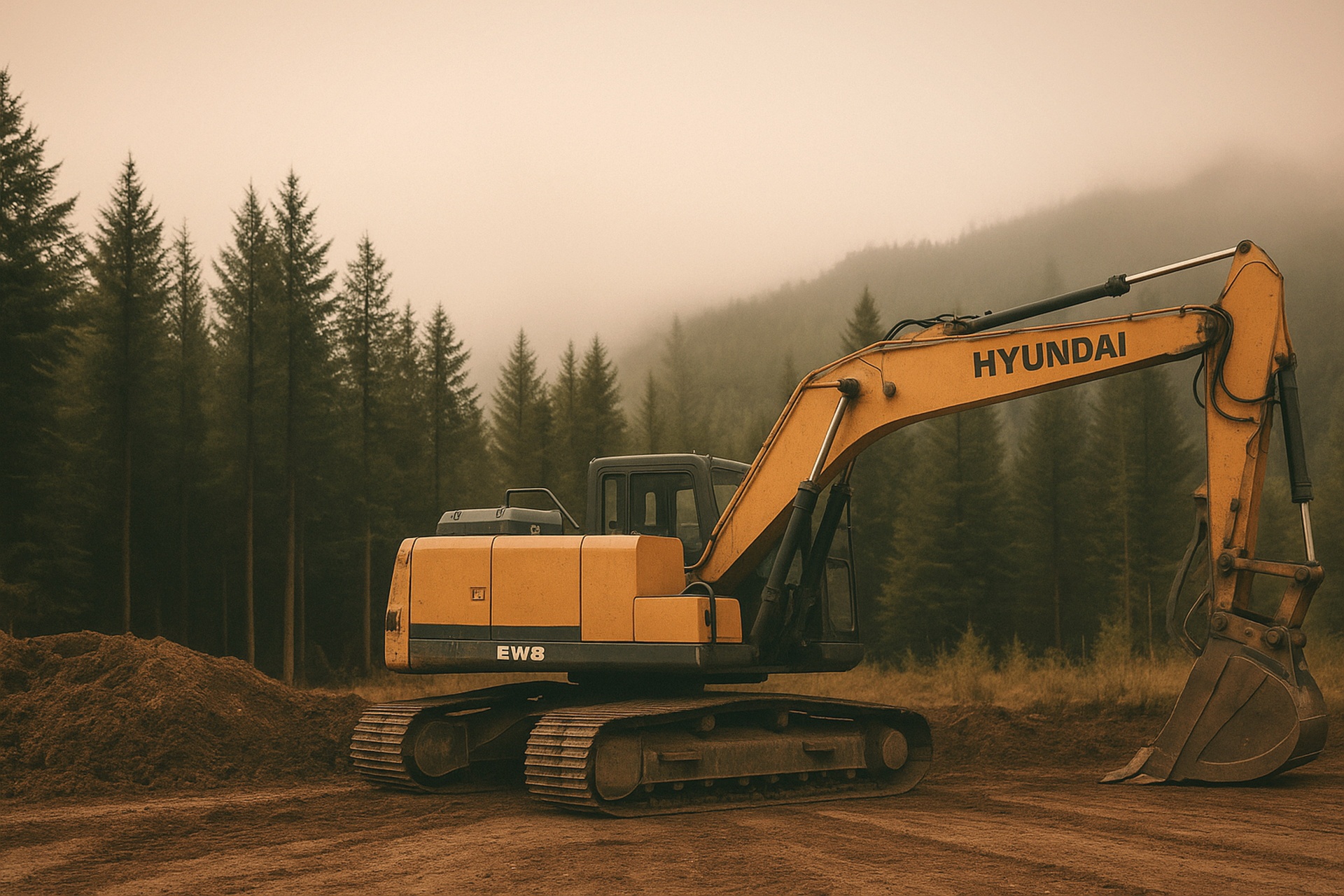 Excavator at work in a foggy Pacific Northwest forest - professional site preparation by Tacoma Creek Build Co